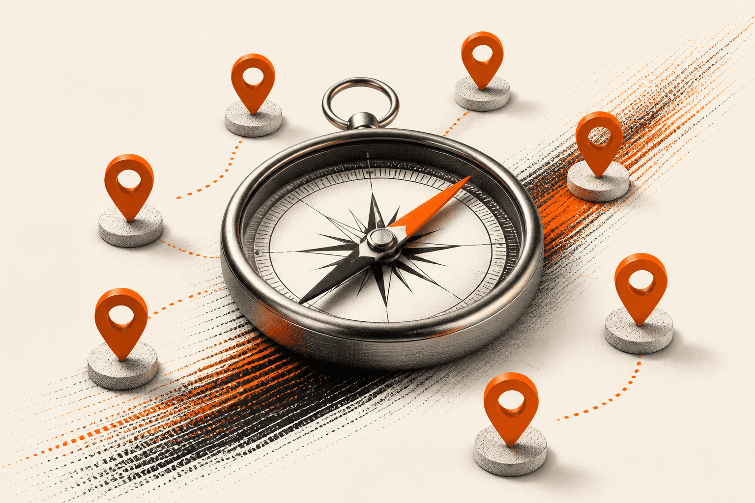 Editorial illustration of a compass surrounded by map pins, representing local SEO across multiple locations