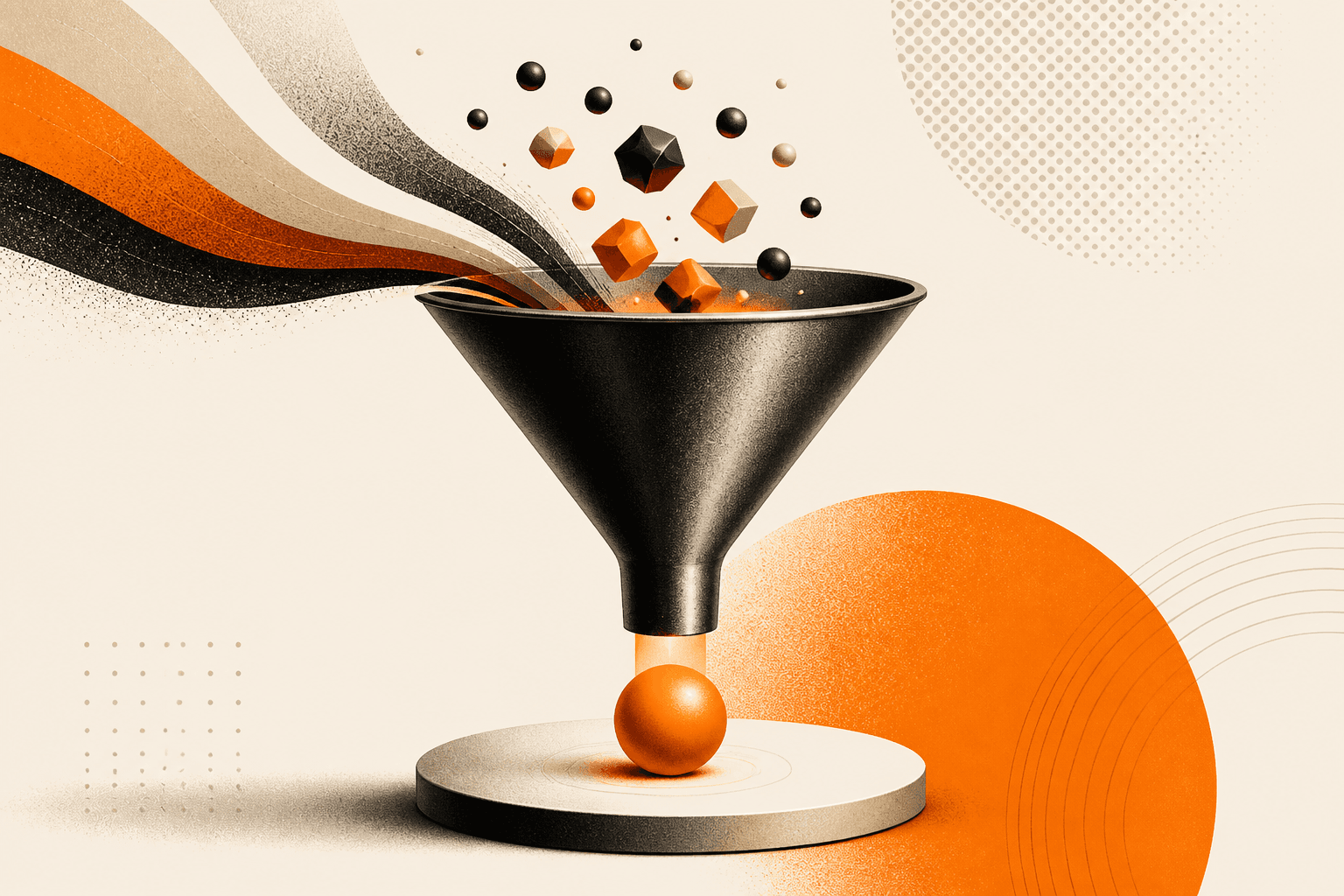 Editorial illustration of a black funnel on a pedestal capturing streams of orange and black shapes