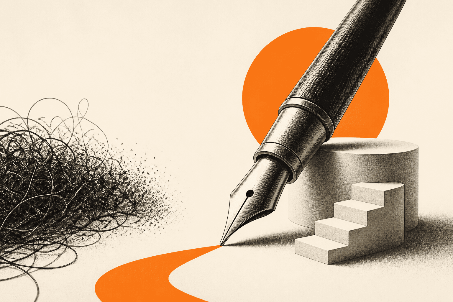 Editorial illustration of a fountain pen turning a tangled scribble into a clean orange path leading to a set of steps