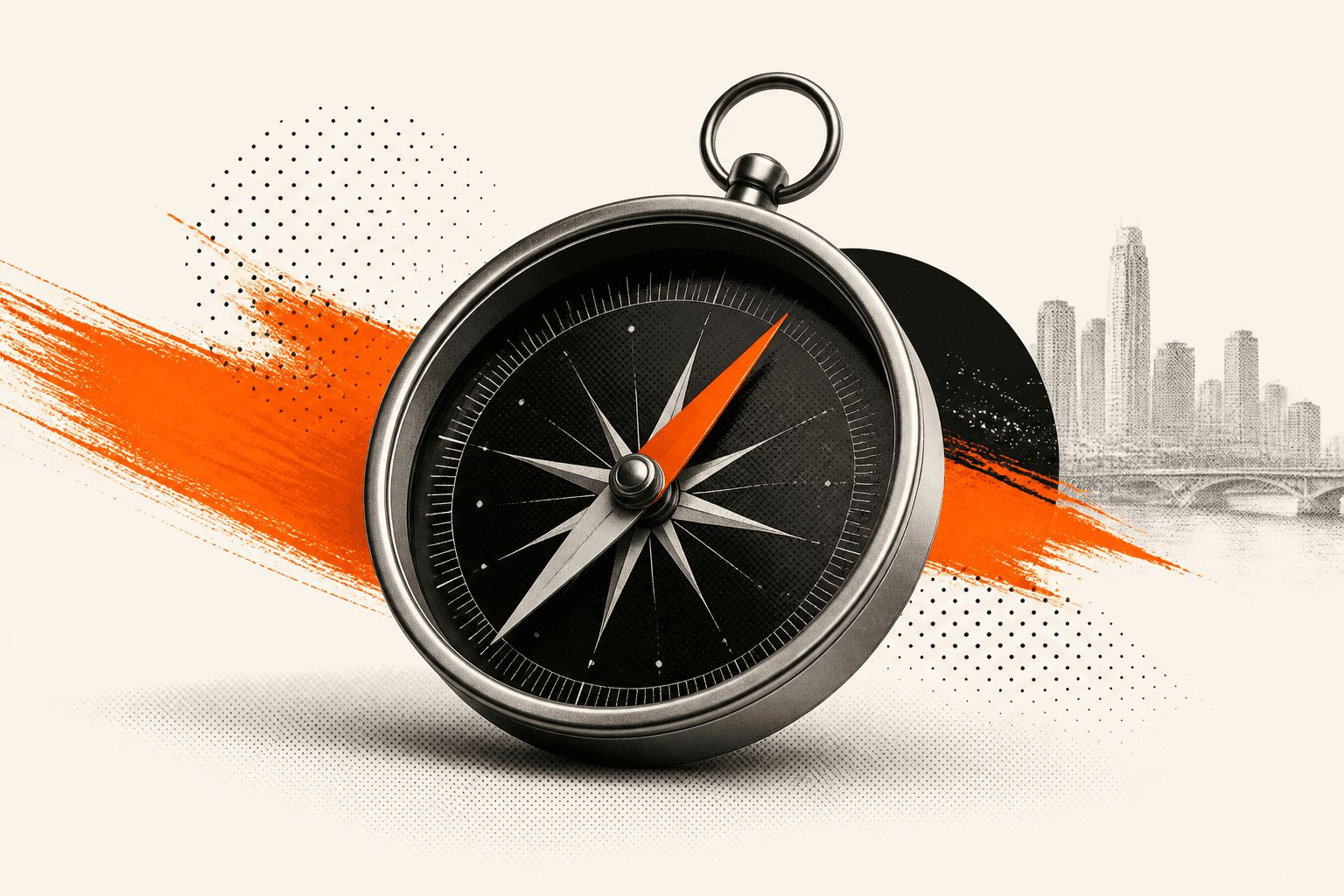 Editorial illustration of a compass with an orange needle set against a city skyline and an orange brushstroke