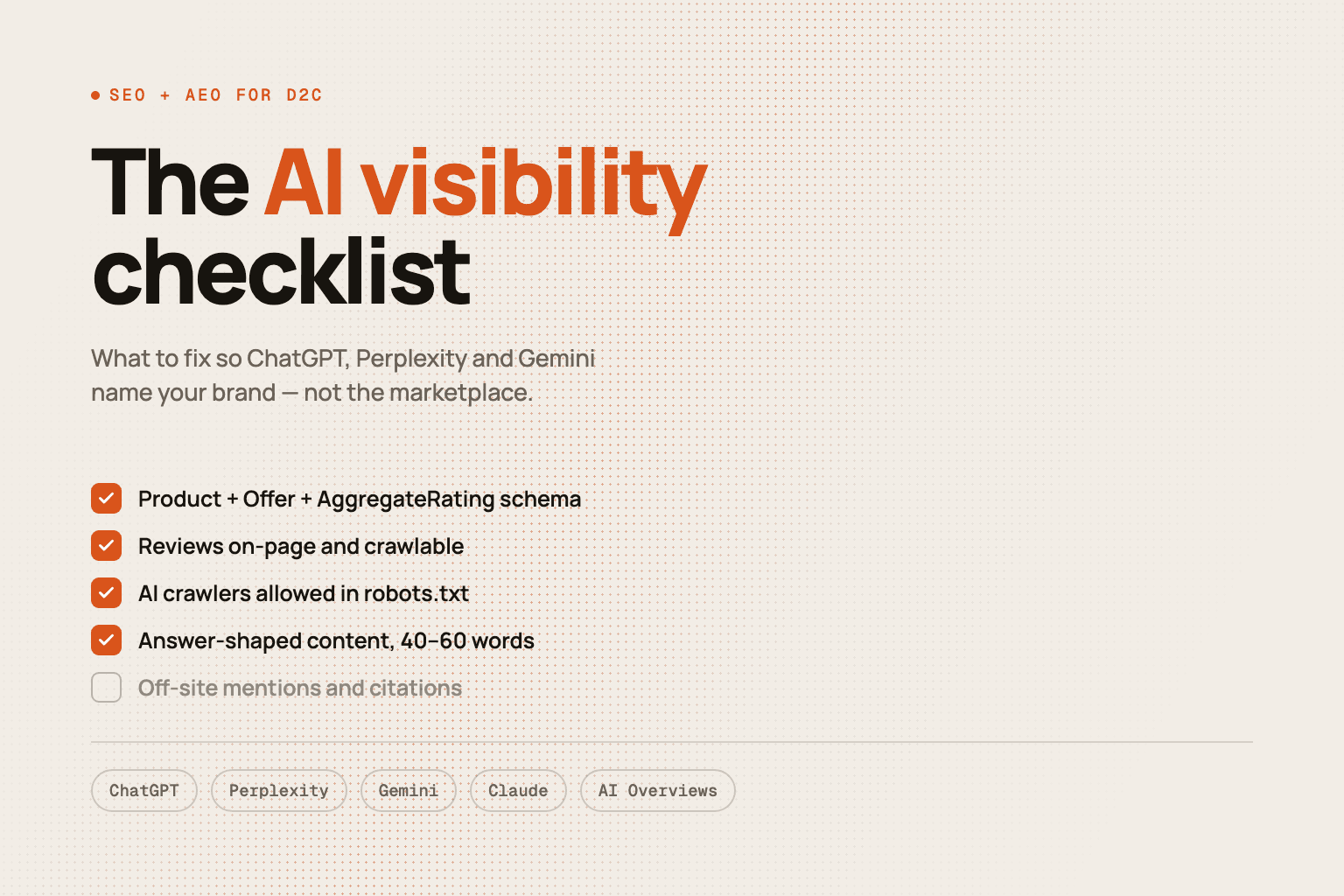 Editorial cover reading The AI visibility checklist, with a checklist of AEO fixes and chips for ChatGPT, Perplexity, Gemini, Claude and AI Overviews